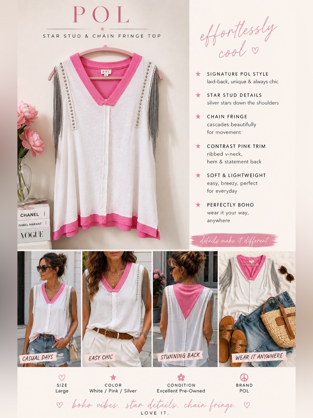 POL Pink & White Star Stud Chain Fringe Top | Size Large